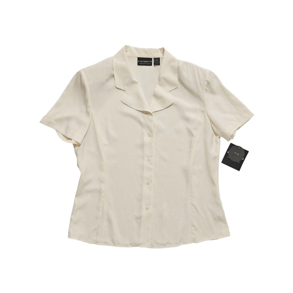 NEW Vtg 90s 100% Silk Top Liz Claiborne Cream Ivory Button Camp Shirt Blouse NWT